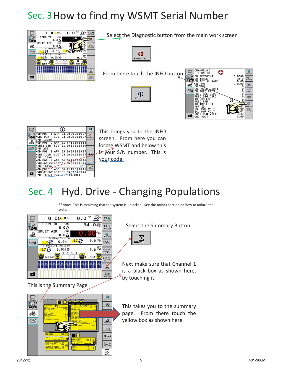 How to find my wsmt serial number, Hyd. drive - changing populations, Sec. 3 | Sec. 4 | Great Plains DICKEY-john AI-100 User Manual | Page 5 / 14