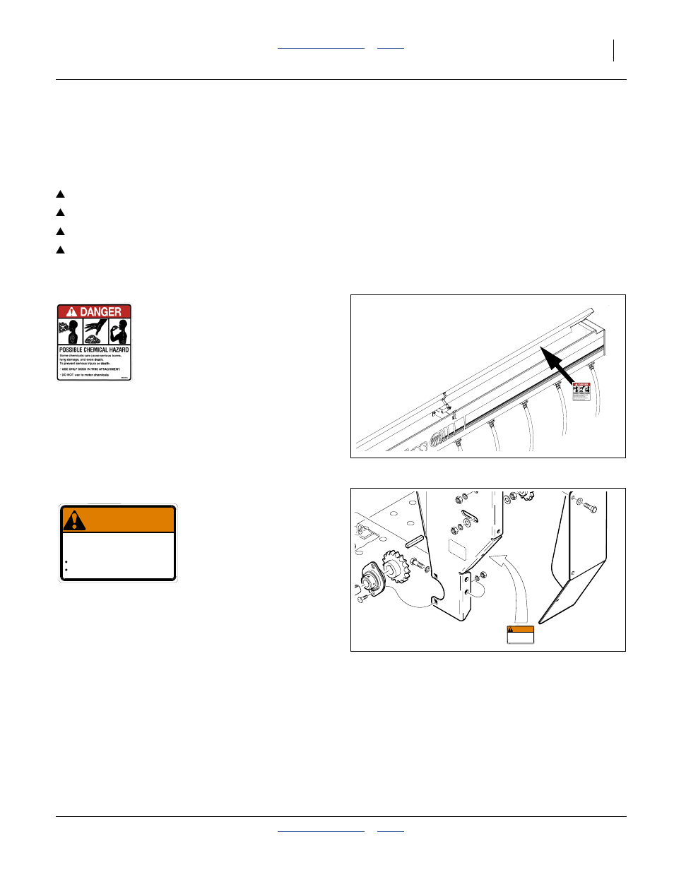 Safety decals, Safety reflectors and decals, Danger: possible chemical hazard 838-467c | Warning: moving parts hazard 818-205c, Warning, Moving parts hazard | Great Plains 2N-3010 Operator Manual User Manual | Page 7 / 48