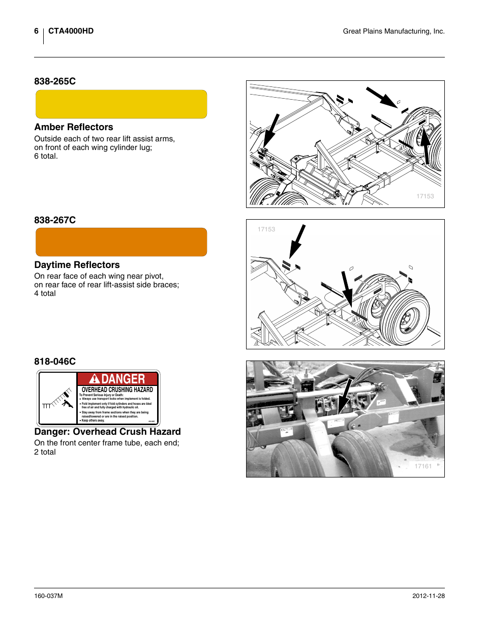 265c amber reflectors, 267c daytime reflectors, 046c danger: overhead crush hazard | Danger | Great Plains CTA4000 HD Operator Manual User Manual | Page 10 / 74