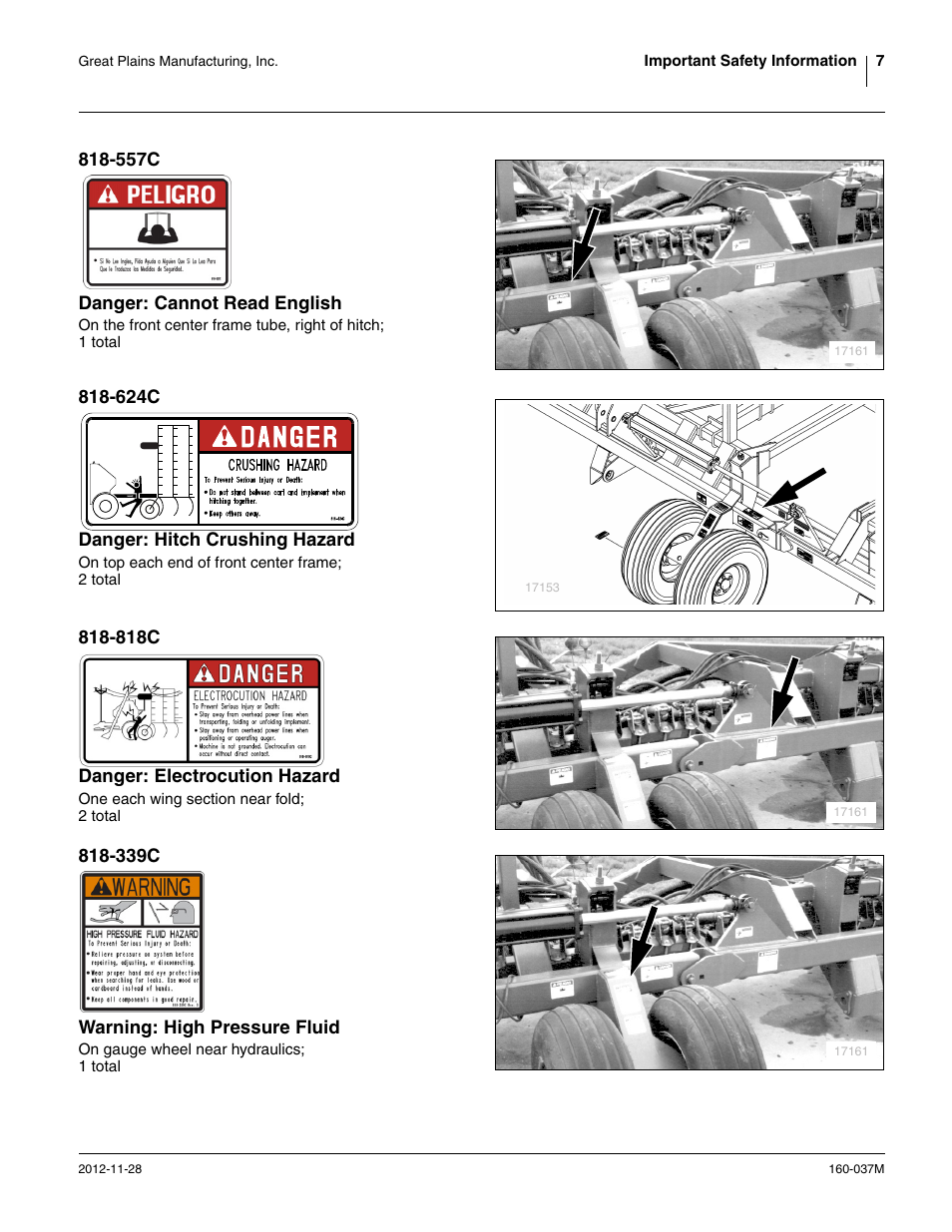 557c danger: cannot read english, 624c danger: hitch crushing hazard, 818c danger: electrocution hazard | 339c warning: high pressure fluid | Great Plains CTA4000 HD Operator Manual User Manual | Page 11 / 74