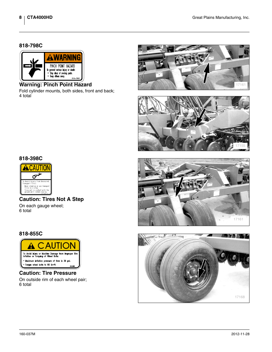 798c warning: pinch point hazard, 398c caution: tires not a step, 855c caution: tire pressure | Great Plains CTA4000 HD Operator Manual User Manual | Page 12 / 74
