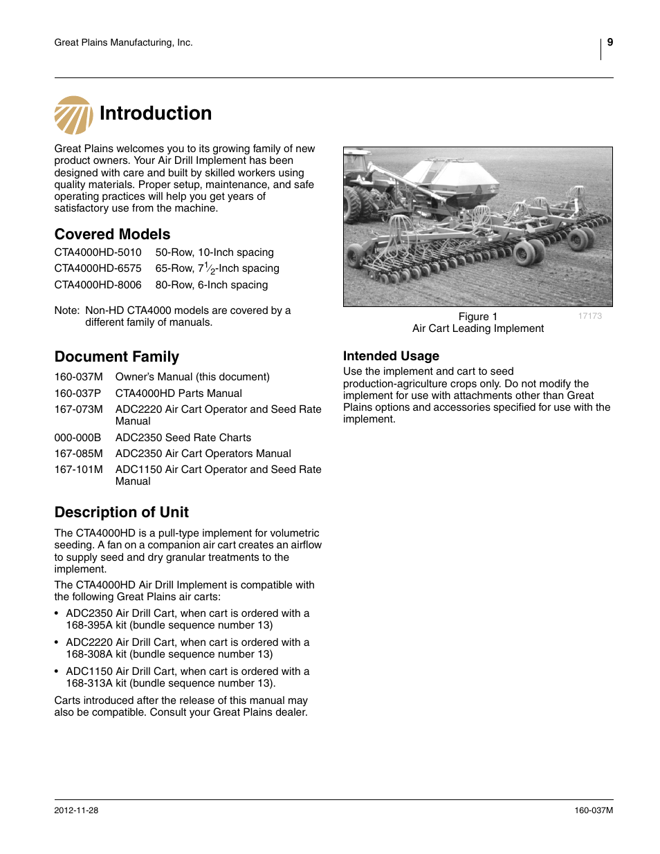 Introduction, Covered models, Document family | Description of unit, Intended usage, Document family description of unit | Great Plains CTA4000 HD Operator Manual User Manual | Page 13 / 74