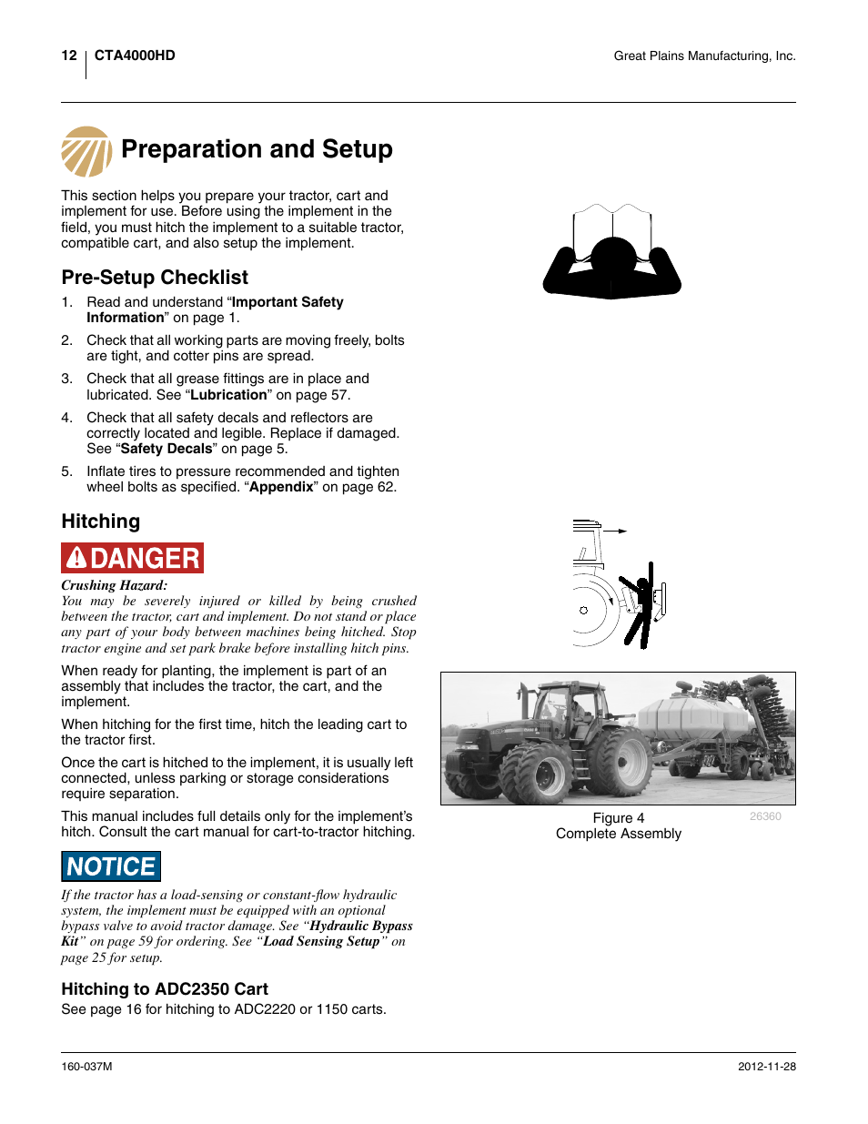 Preparation and setup, Pre-setup checklist, Hitching | Hitching to adc2350 cart, Preparation and setup pre-setup checklist hitching | Great Plains CTA4000 HD Operator Manual User Manual | Page 16 / 74