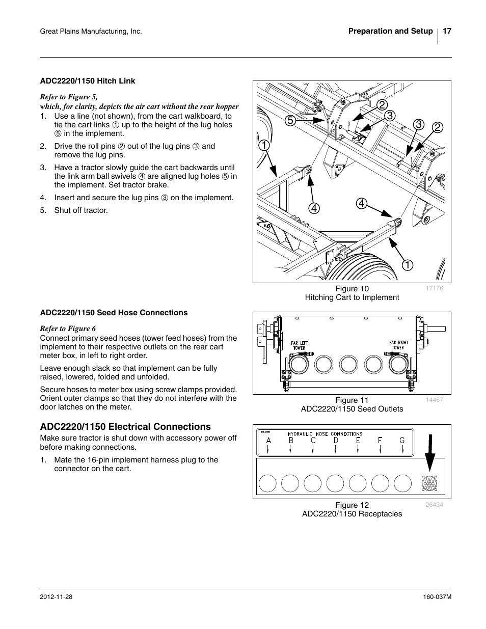 Adc2220/1150 hitch link, Adc2220/1150 seed hose connections, Adc2220/1150 electrical connections | Great Plains CTA4000 HD Operator Manual User Manual | Page 21 / 74
