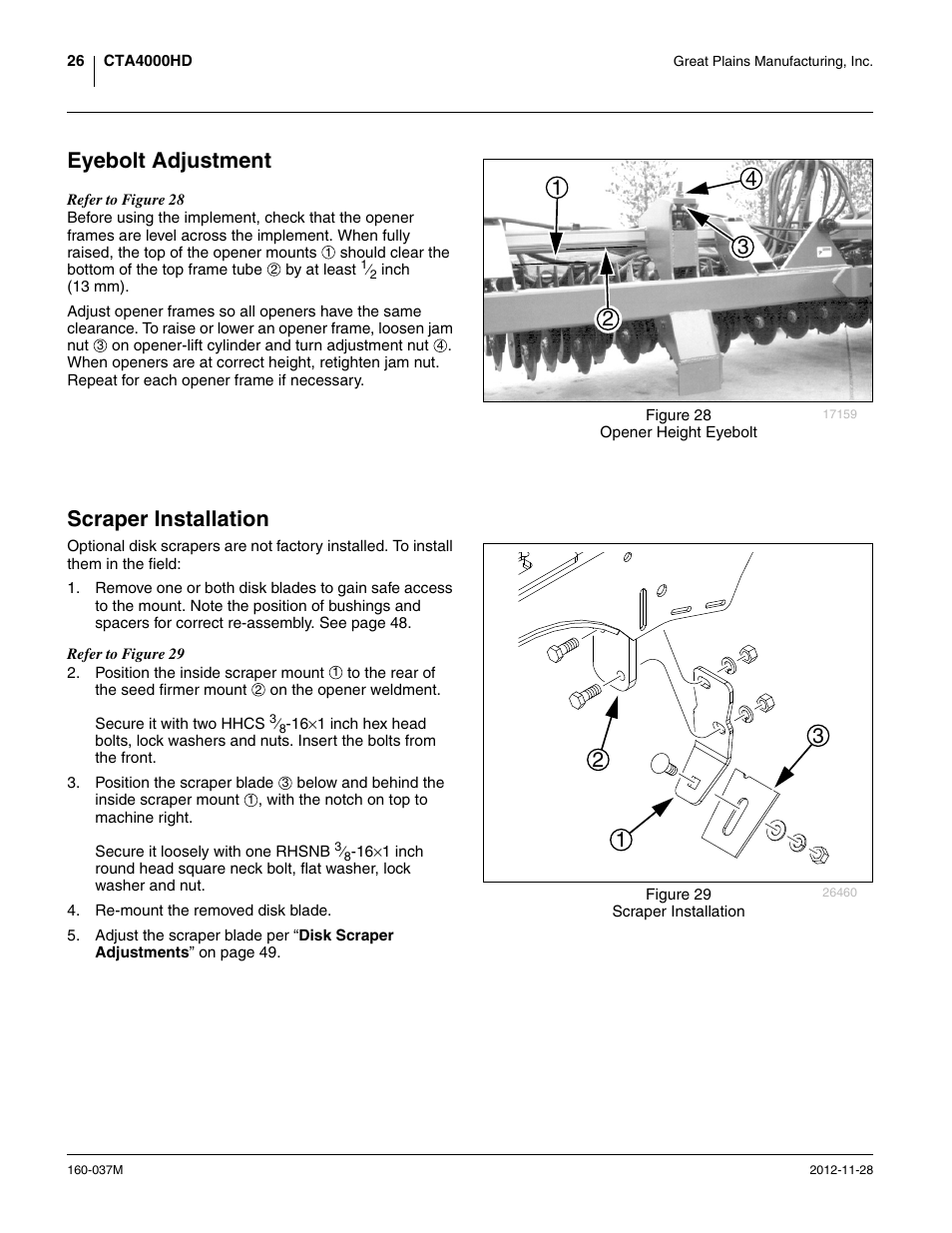 Eyebolt adjustment, Scraper installation, Eyebolt adjustment scraper installation | Great Plains CTA4000 HD Operator Manual User Manual | Page 30 / 74