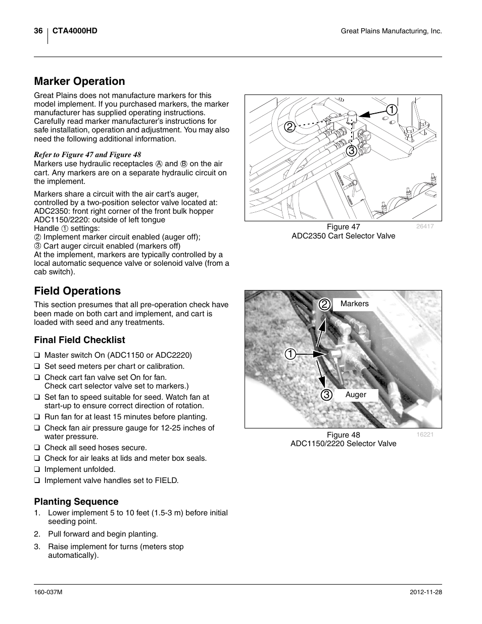 Marker operation, Field operations, Final field checklist | Planting sequence, Marker operation field operations, Final field checklist planting sequence | Great Plains CTA4000 HD Operator Manual User Manual | Page 40 / 74