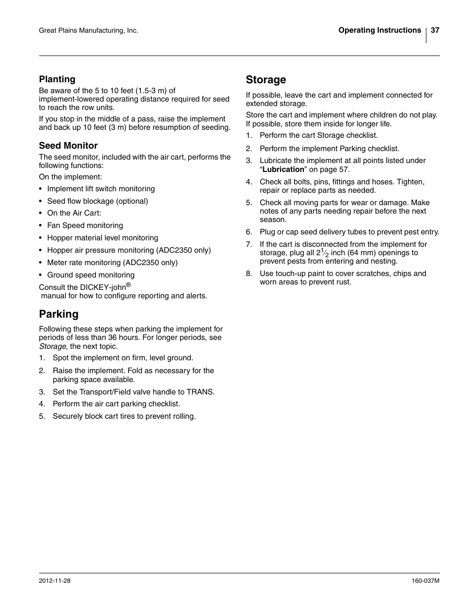 Planting, Seed monitor, Parking | Storage, Planting seed monitor, Parking storage | Great Plains CTA4000 HD Operator Manual User Manual | Page 41 / 74