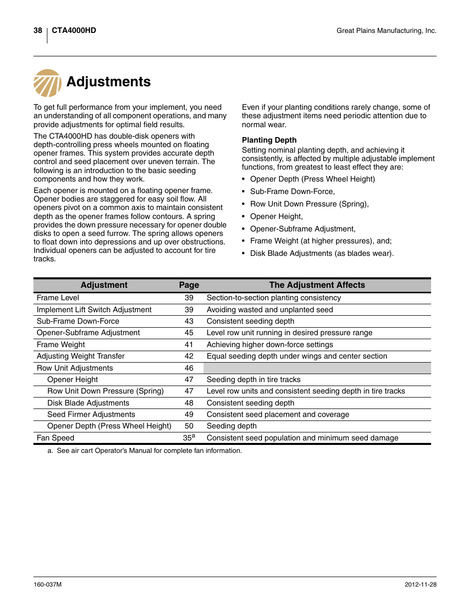 Adjustments, Planting depth | Great Plains CTA4000 HD Operator Manual User Manual | Page 42 / 74