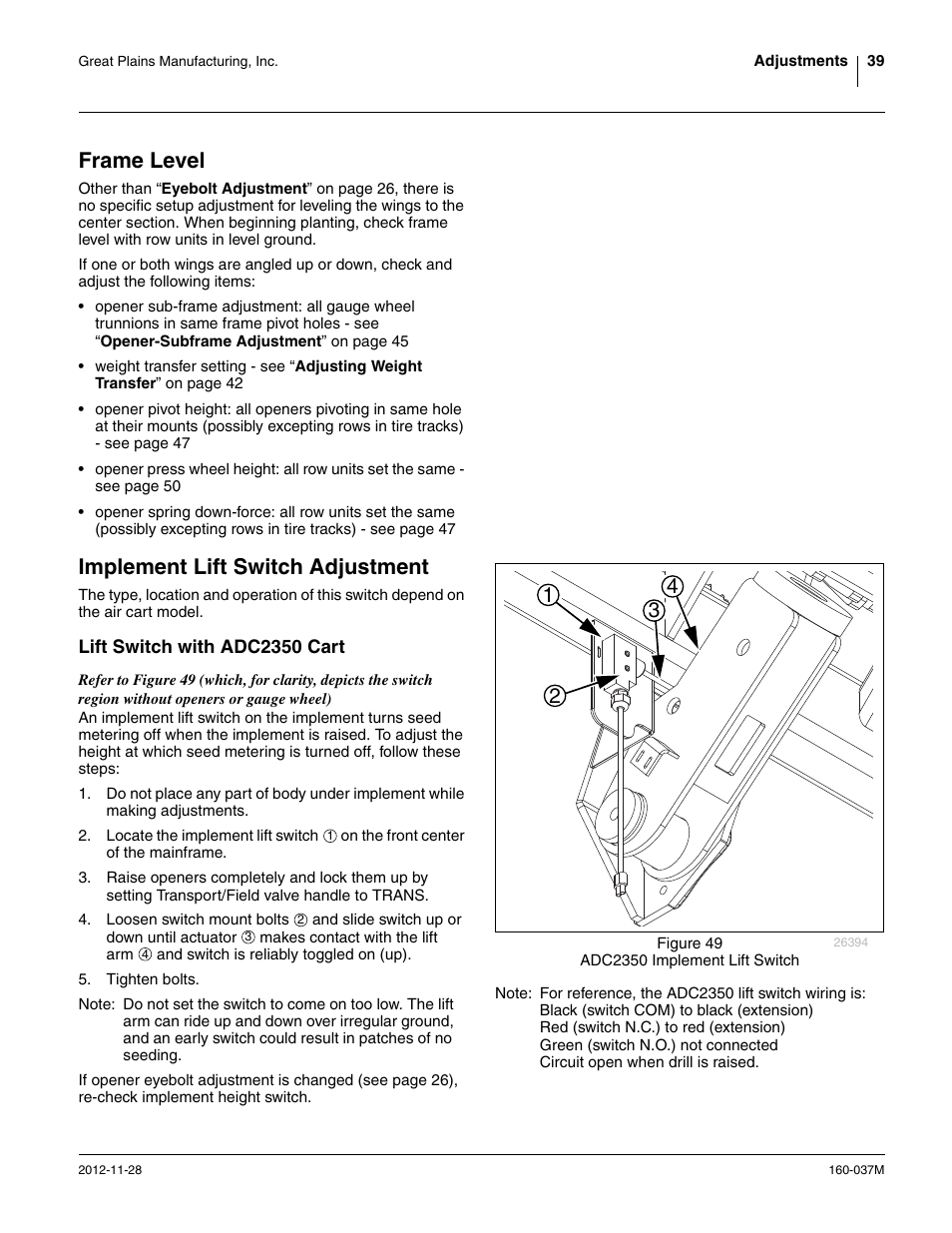 Frame level, Implement lift switch adjustment, Lift switch with adc2350 cart | Frame level implement lift switch adjustment | Great Plains CTA4000 HD Operator Manual User Manual | Page 43 / 74