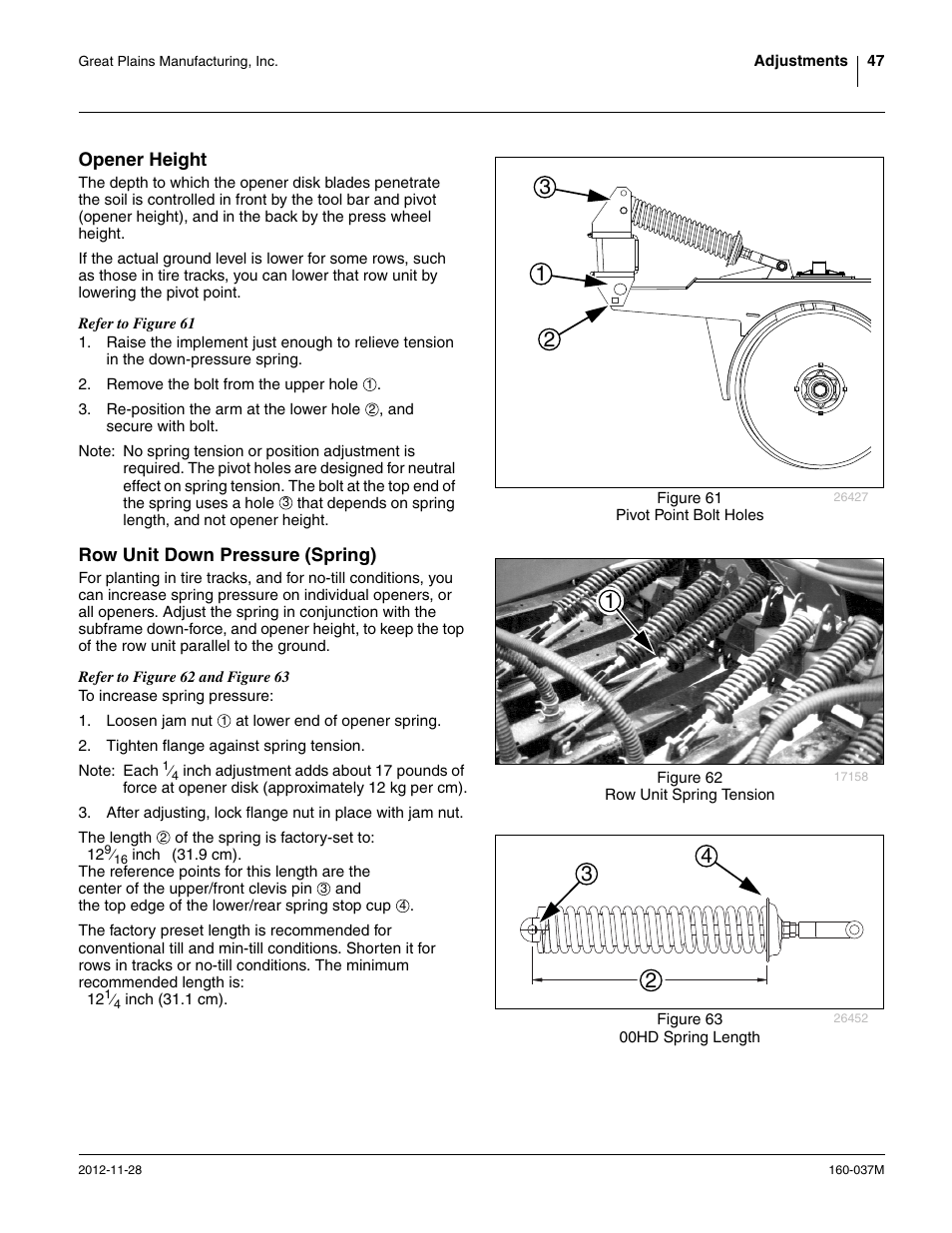 Opener height, Row unit down pressure (spring), Opener height row unit down pressure (spring) | Great Plains CTA4000 HD Operator Manual User Manual | Page 51 / 74