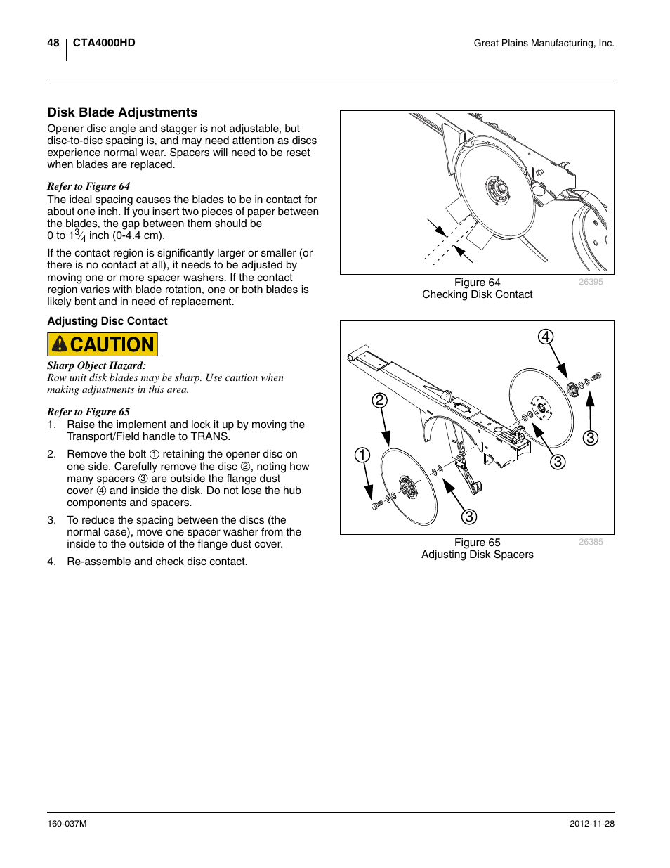 Disk blade adjustments, Adjusting disc contact, Disk blade adjustments (as b | Great Plains CTA4000 HD Operator Manual User Manual | Page 52 / 74
