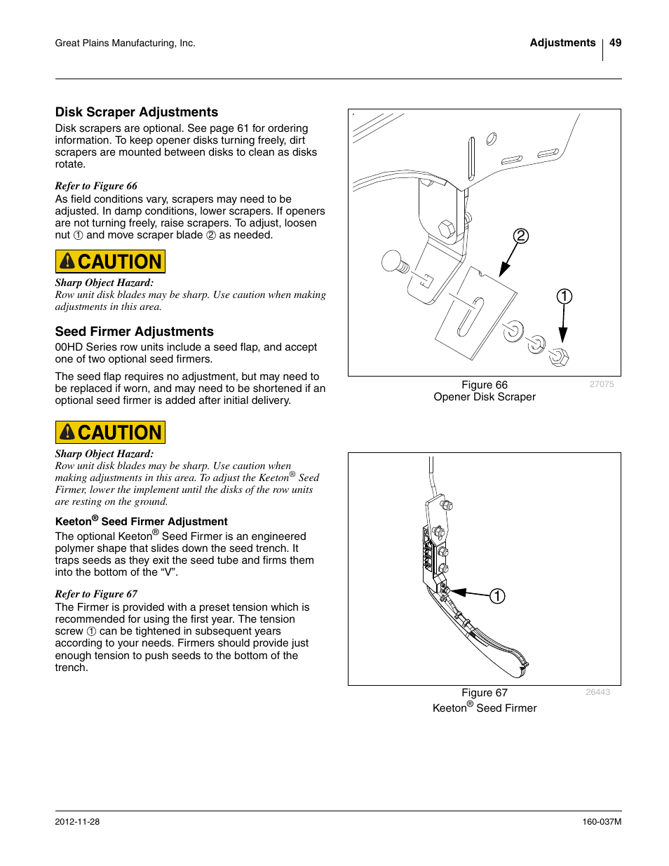 Disk scraper adjustments, Seed firmer adjustments, Keeton® seed firmer adjustment | Disk scraper adjustments seed firmer adjustments, Keeton, See “ keeton, Seed firmer adjustment ” on | Great Plains CTA4000 HD Operator Manual User Manual | Page 53 / 74