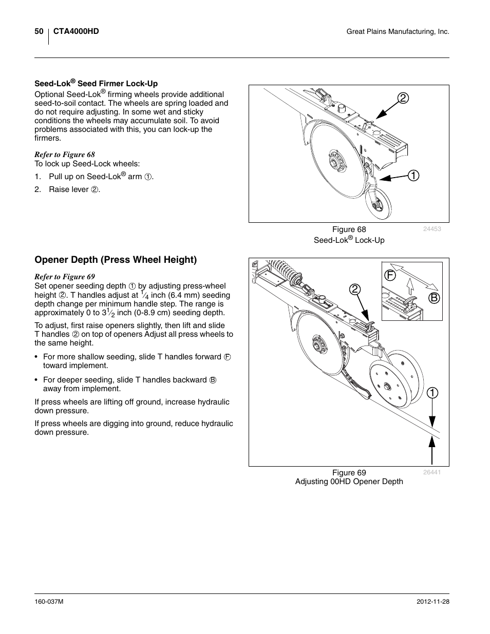Seed-lok® seed firmer lock-up, Opener depth (press wheel height), Seed-lok | See “ seed-lok, Seed, 12 b f | Great Plains CTA4000 HD Operator Manual User Manual | Page 54 / 74