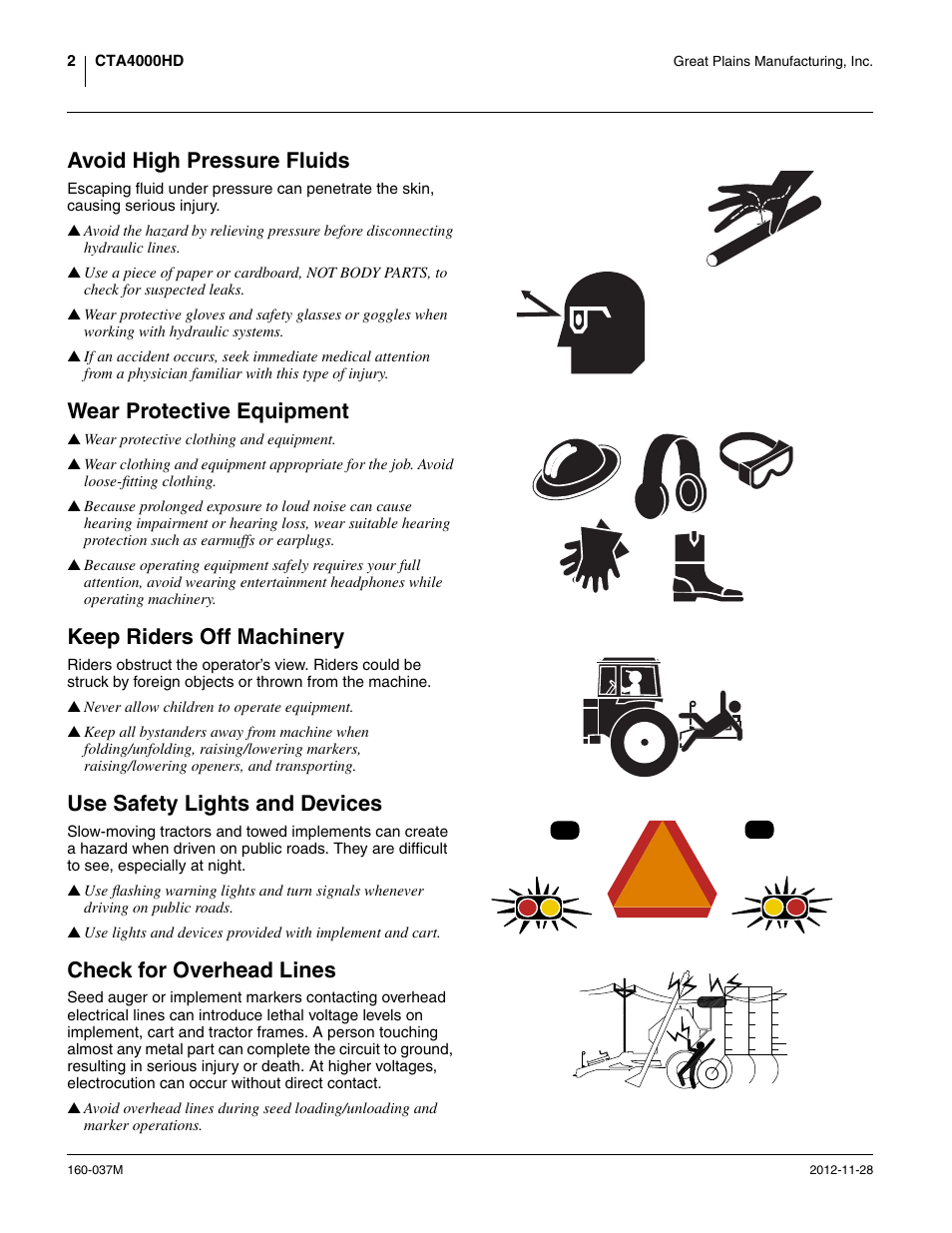 Avoid high pressure fluids, Wear protective equipment, Keep riders off machinery | Use safety lights and devices, Check for overhead lines | Great Plains CTA4000 HD Operator Manual User Manual | Page 6 / 74