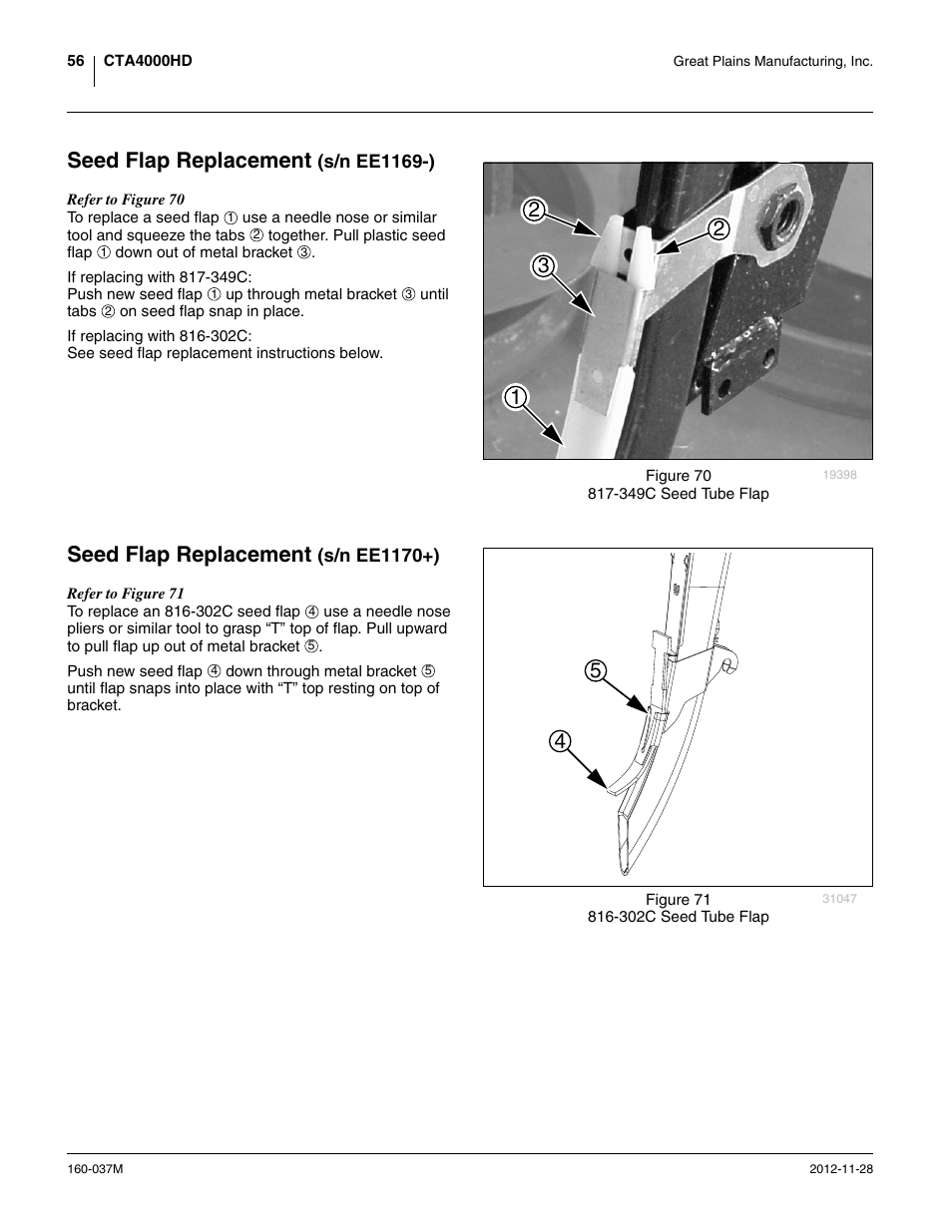 Seed flap replacement (s/n ee1169-), Seed flap replacement (s/n ee1170+), Seed flap replacement | Great Plains CTA4000 HD Operator Manual User Manual | Page 60 / 74