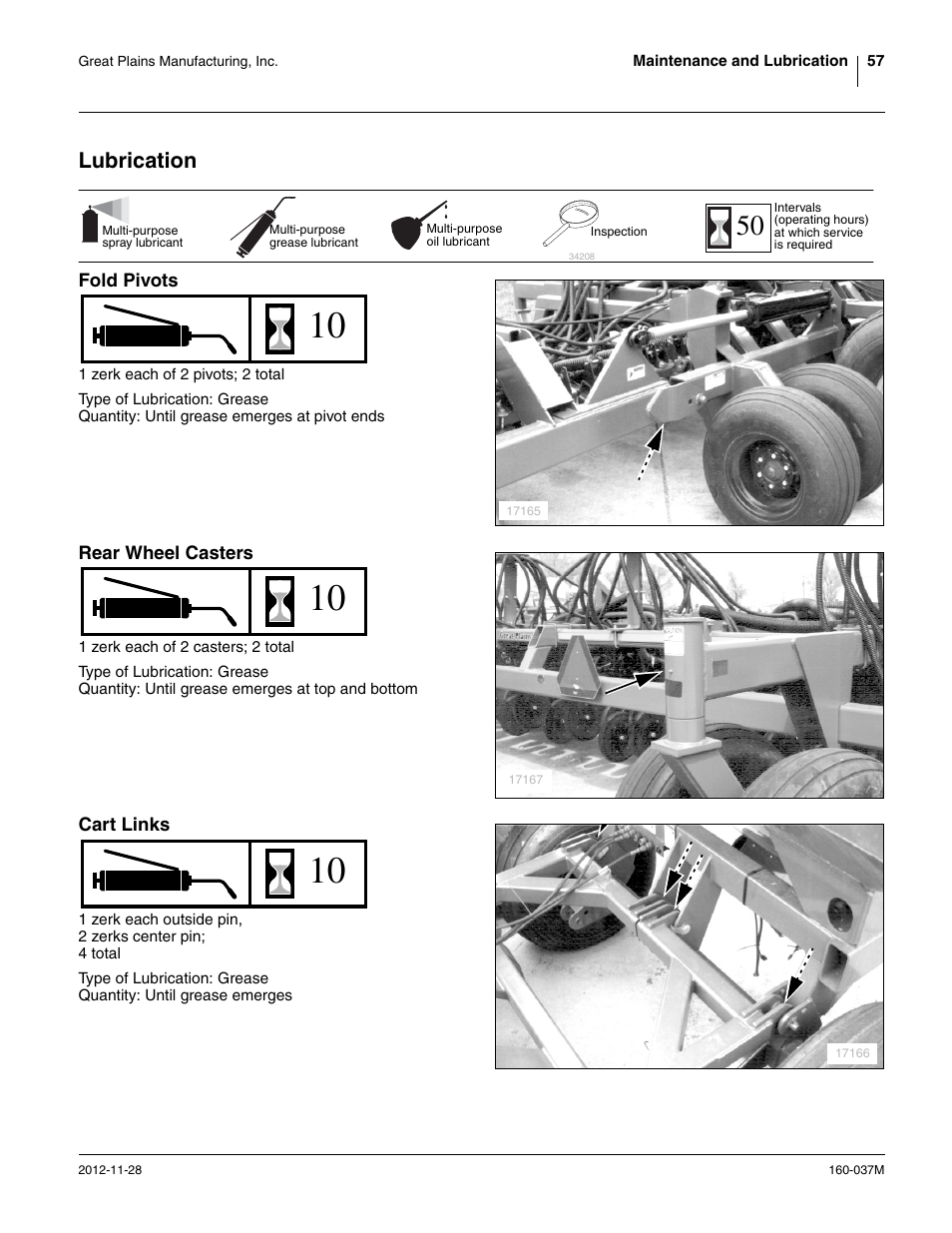 Lubrication, Fold pivots, Rear wheel casters | Cart links | Great Plains CTA4000 HD Operator Manual User Manual | Page 61 / 74