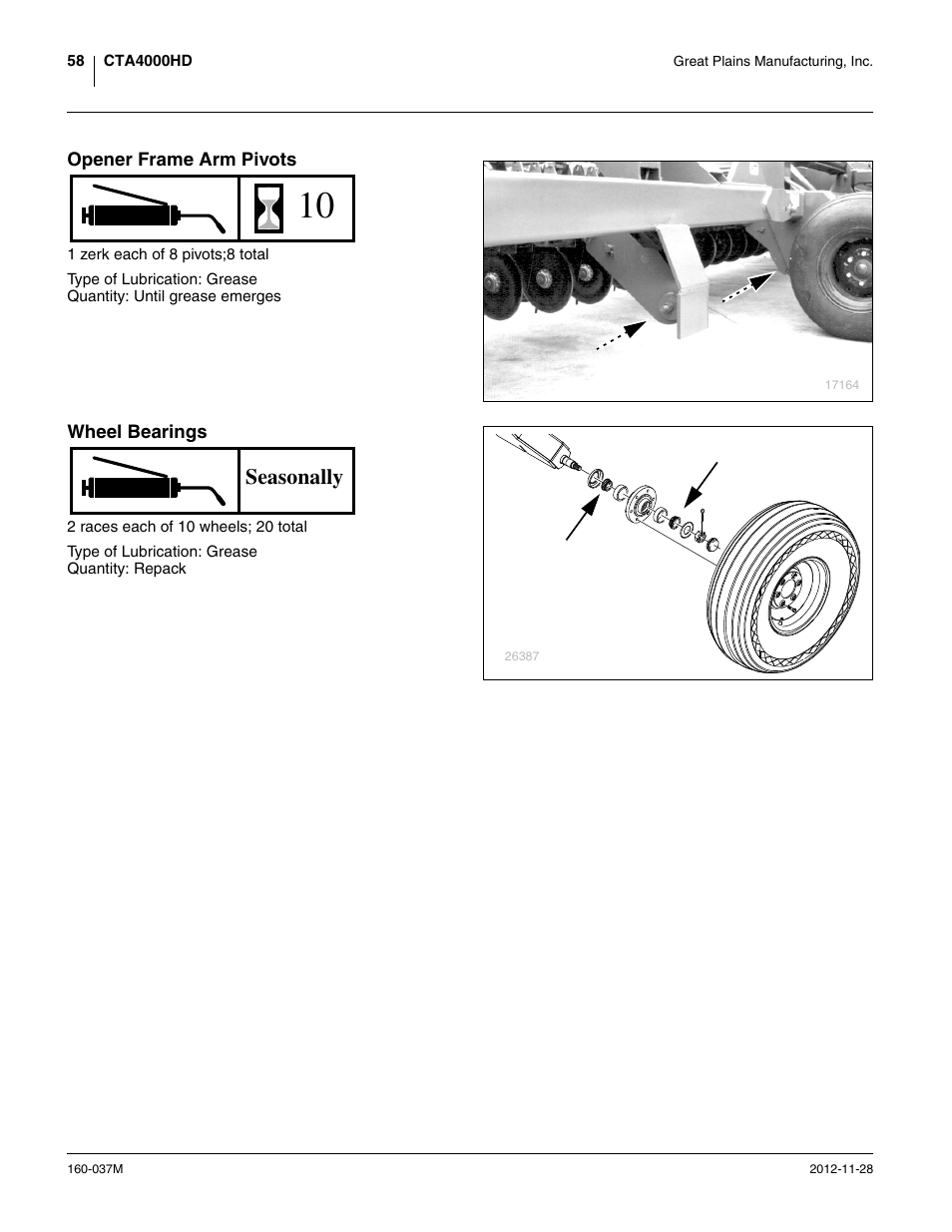 Opener frame arm pivots, Wheel bearings, Seasonally | Great Plains CTA4000 HD Operator Manual User Manual | Page 62 / 74