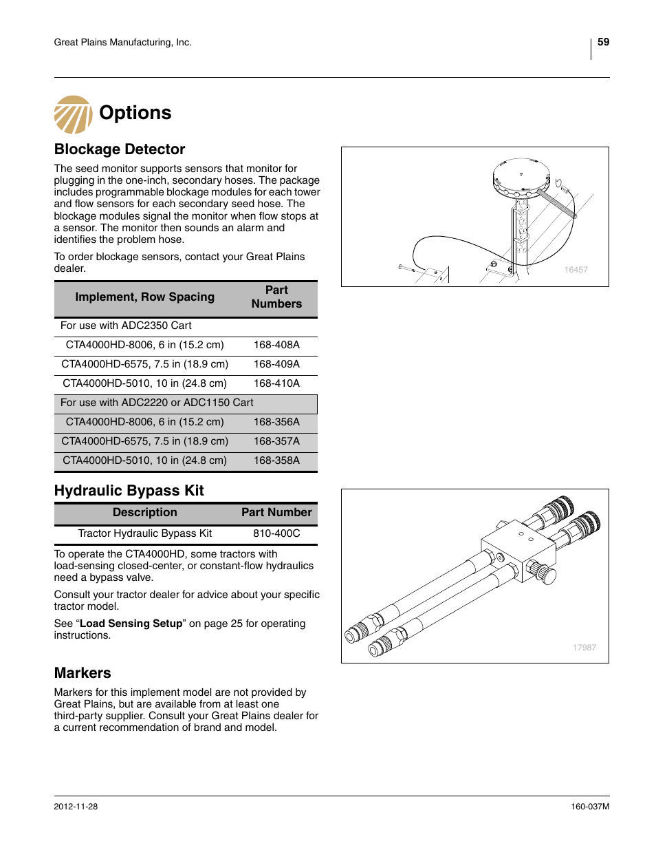 Options, Blockage detector, Hydraulic bypass kit | Markers | Great Plains CTA4000 HD Operator Manual User Manual | Page 63 / 74