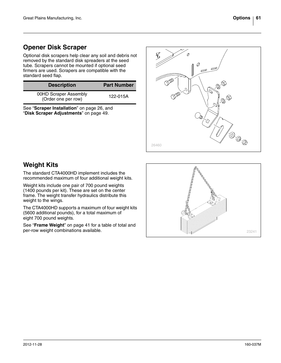 Opener disk scraper, Weight kits, Opener disk scraper weight kits | Great Plains CTA4000 HD Operator Manual User Manual | Page 65 / 74