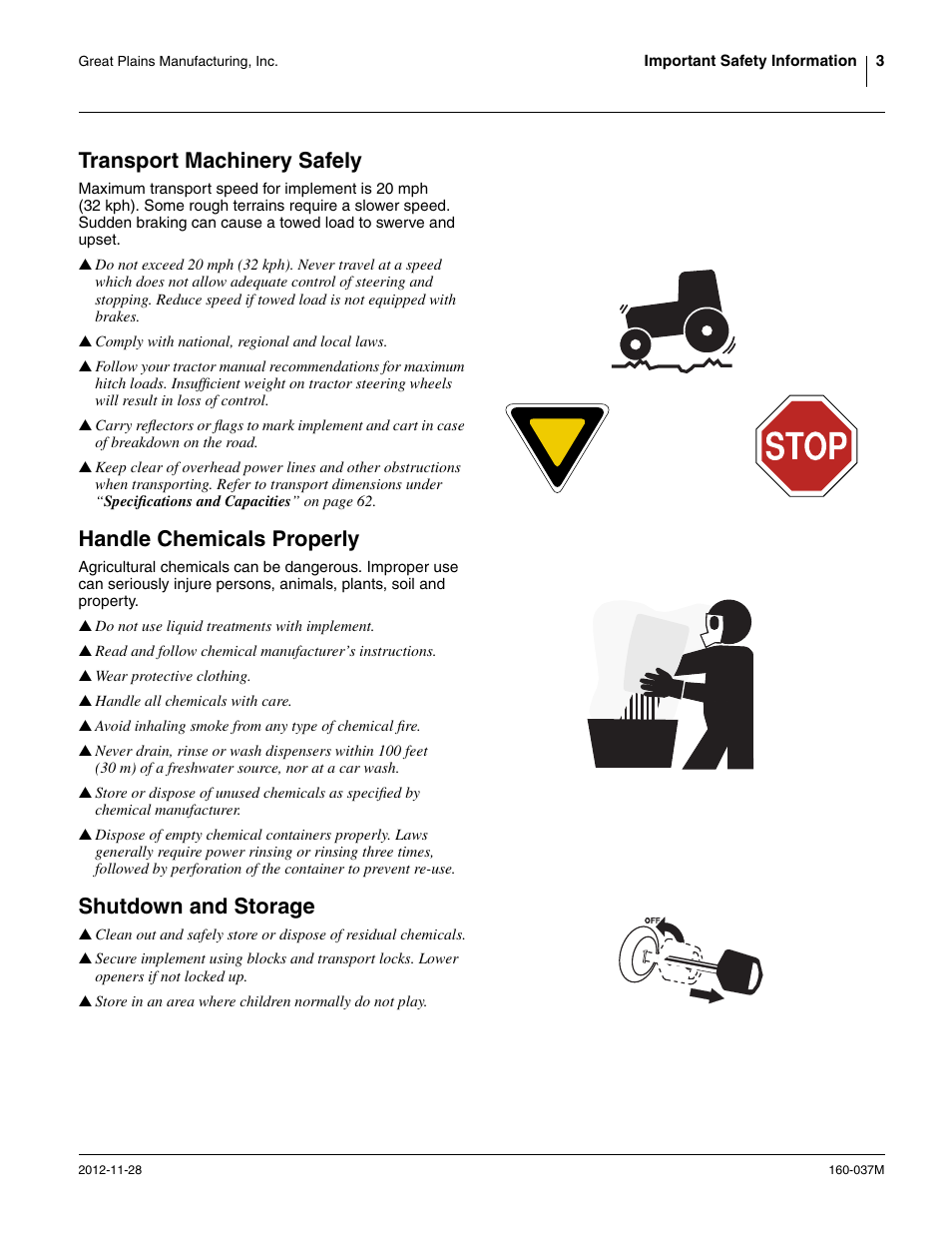 Transport machinery safely, Handle chemicals properly, Shutdown and storage | Great Plains CTA4000 HD Operator Manual User Manual | Page 7 / 74