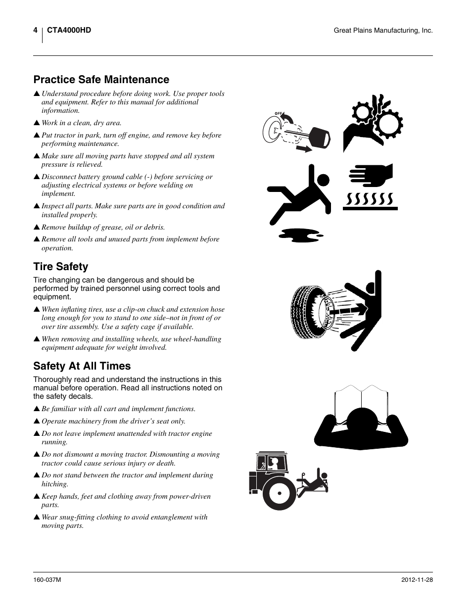 Practice safe maintenance, Tire safety, Safety at all times | Great Plains CTA4000 HD Operator Manual User Manual | Page 8 / 74