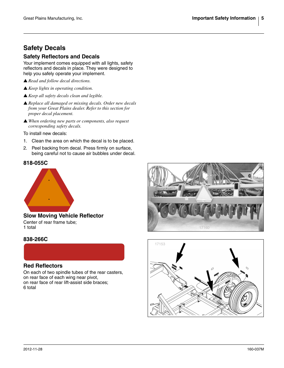 Safety decals, Safety reflectors and decals, 055c slow moving vehicle reflector | 266c red reflectors | Great Plains CTA4000 HD Operator Manual User Manual | Page 9 / 74