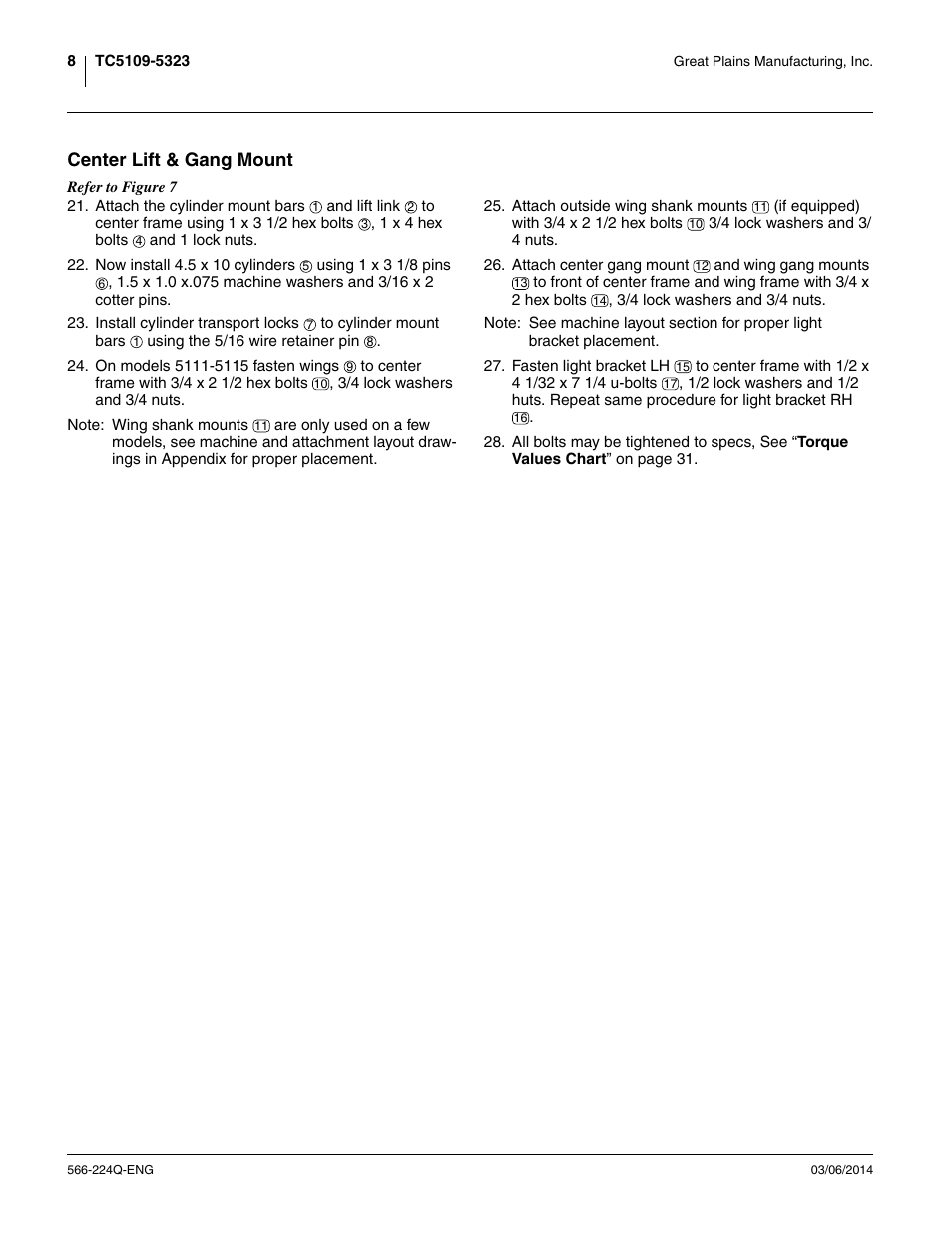 Center lift & gang mount | Great Plains TC5319 (S/N A1420X+) Assembly Manual User Manual | Page 12 / 78