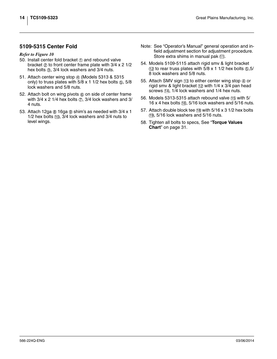 5109-5315 center fold | Great Plains TC5319 (S/N A1420X+) Assembly Manual User Manual | Page 18 / 78