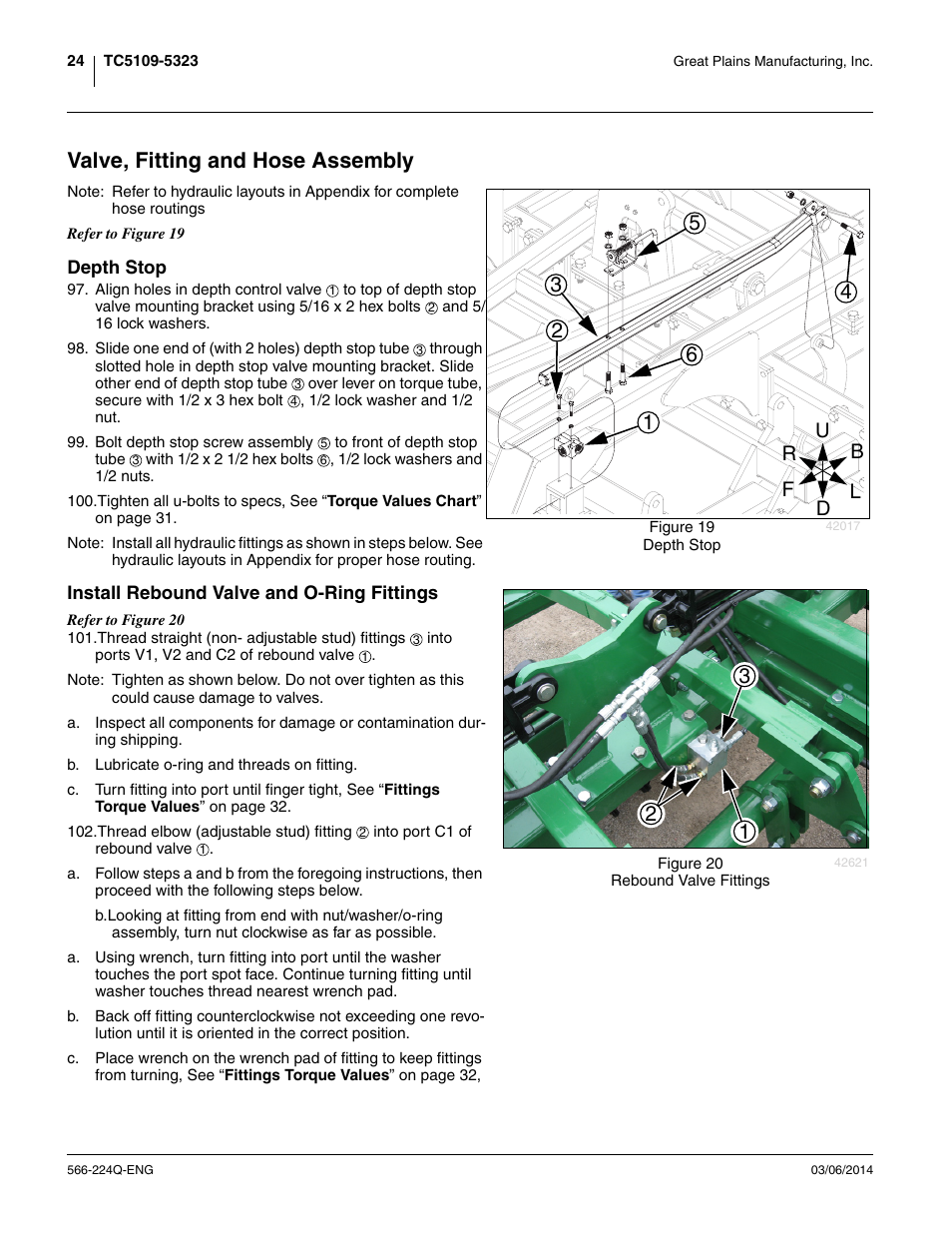 Valve, fitting and hose assembly, Depth stop, Install rebound valve and o-ring fittings | Great Plains TC5319 (S/N A1420X+) Assembly Manual User Manual | Page 28 / 78
