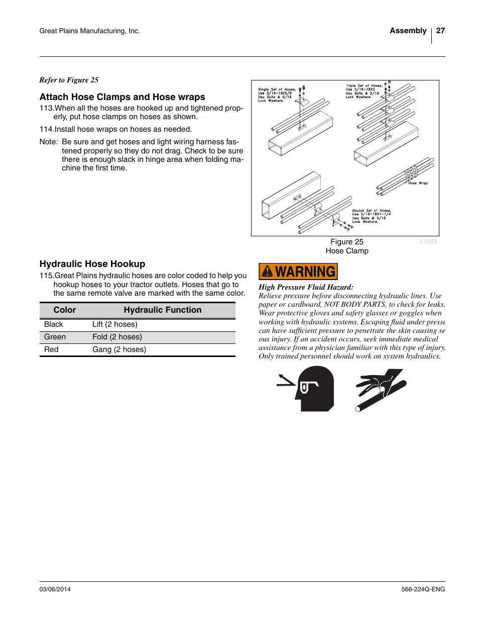 Attach hose clamps and hose wraps, Hydraulic hose hookup | Great Plains TC5319 (S/N A1420X+) Assembly Manual User Manual | Page 31 / 78
