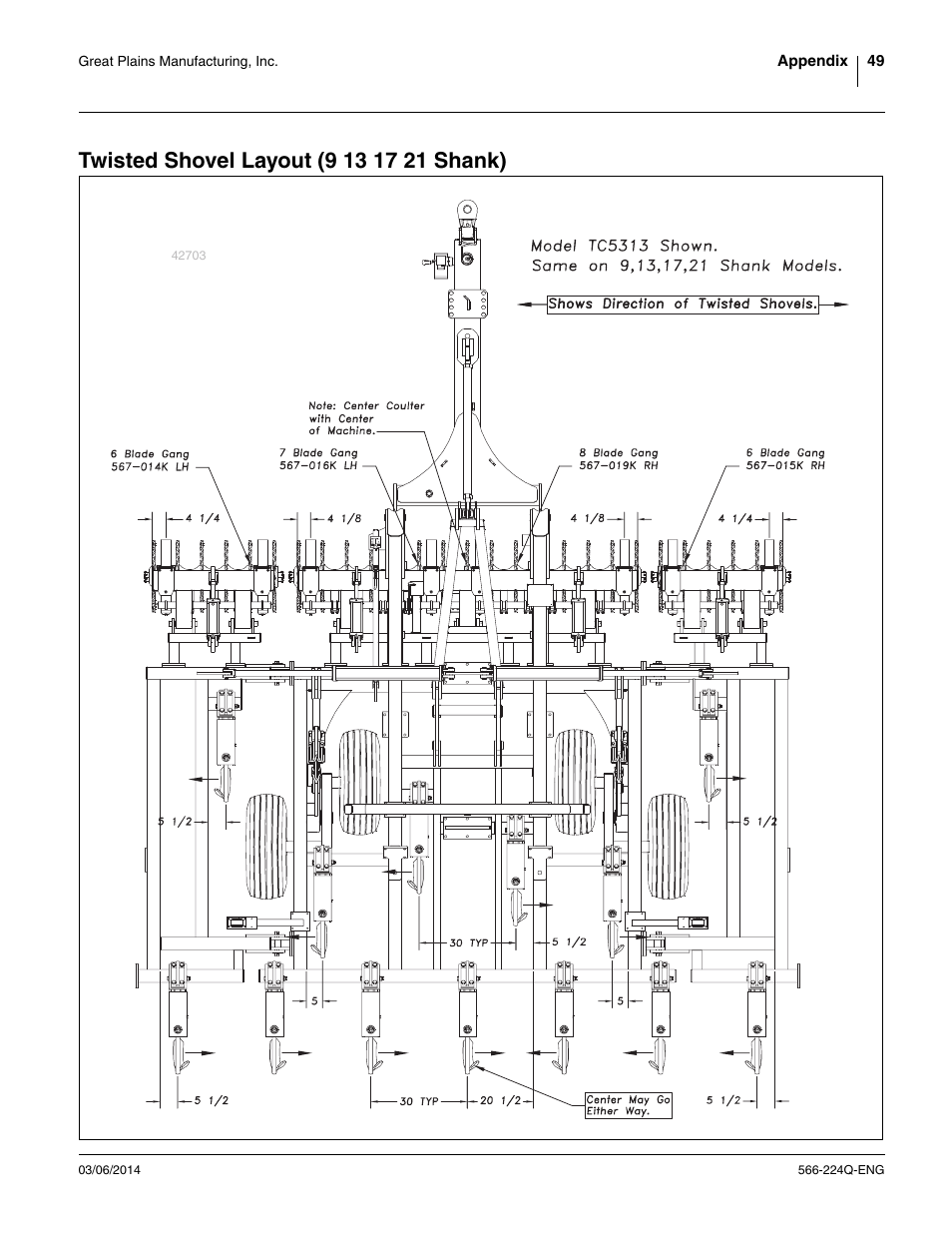 Twisted shovel layout (9 13 17 21 shank) | Great Plains TC5319 (S/N A1420X+) Assembly Manual User Manual | Page 53 / 78