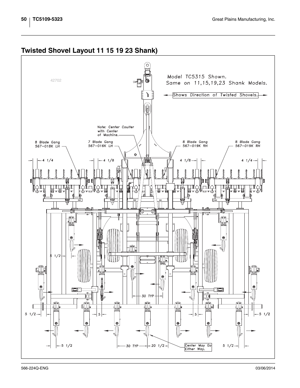 Twisted shovel layout 11 15 19 23 shank) | Great Plains TC5319 (S/N A1420X+) Assembly Manual User Manual | Page 54 / 78