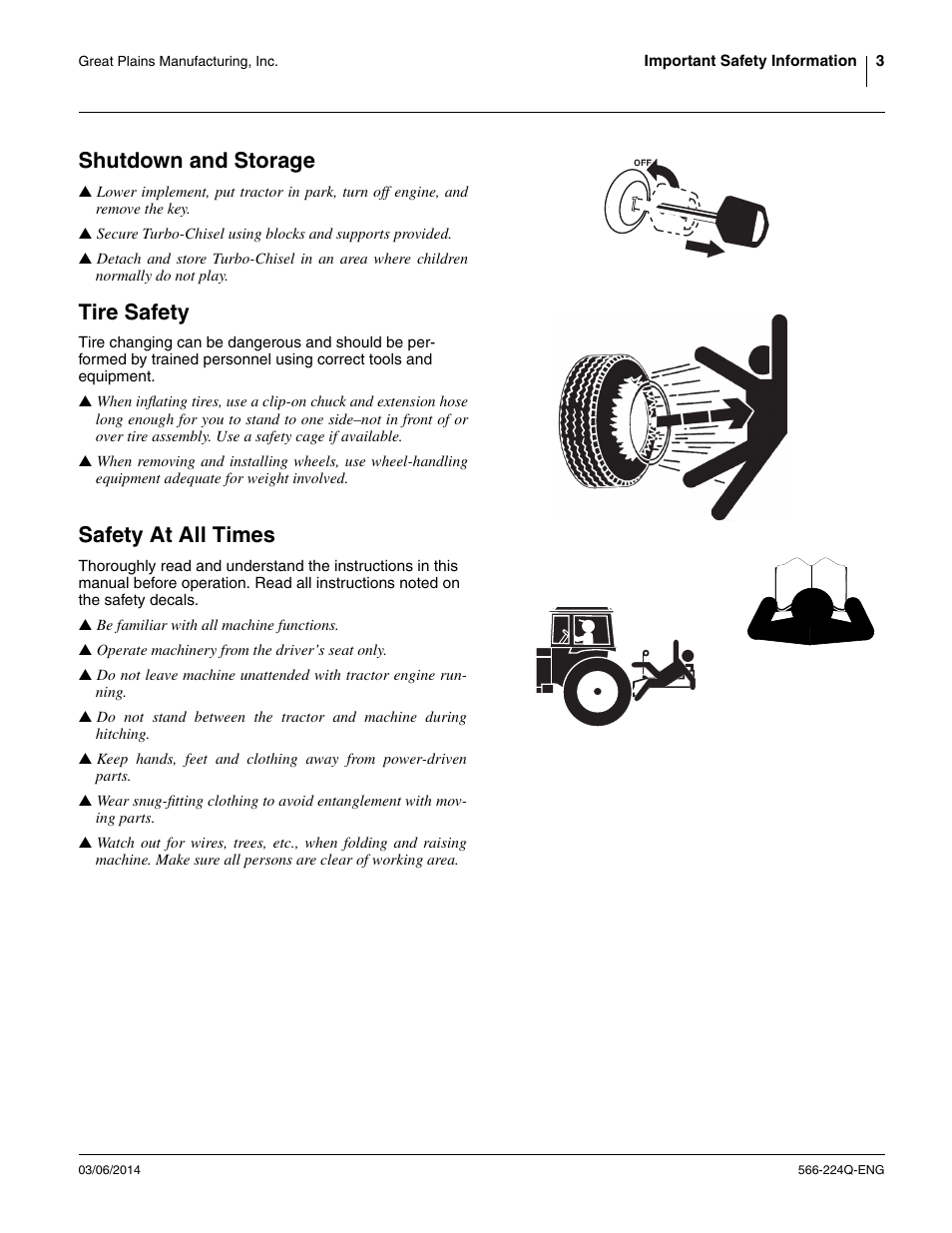 Shutdown and storage, Tire safety, Safety at all times | Great Plains TC5319 (S/N A1420X+) Assembly Manual User Manual | Page 7 / 78