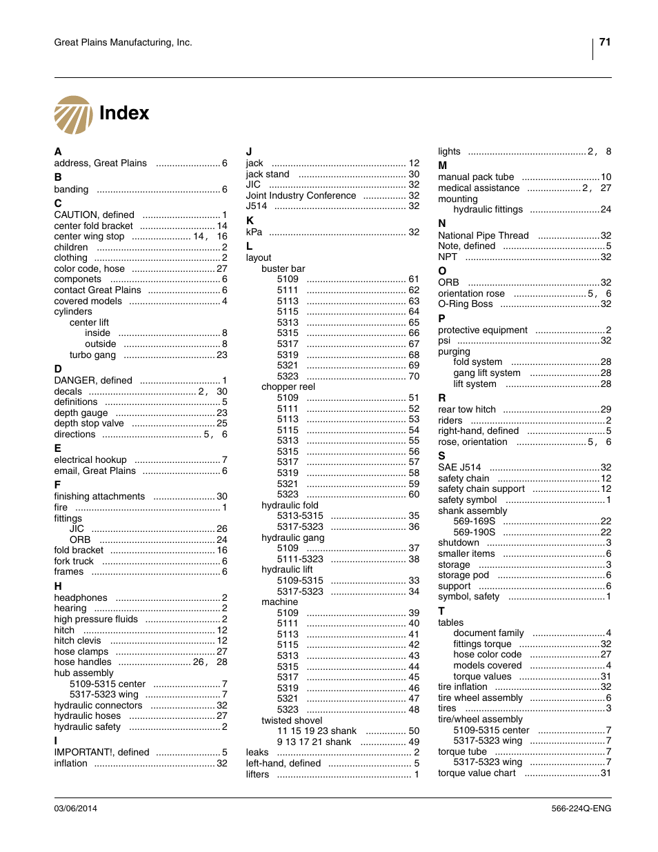 Index | Great Plains TC5319 (S/N A1420X+) Assembly Manual User Manual | Page 75 / 78