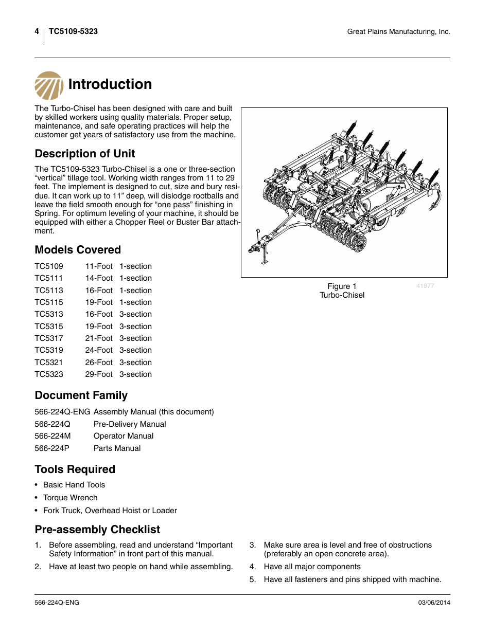 Introduction, Description of unit, Models covered | Document family, Tools required, Pre-assembly checklist, Models covered document family tools required | Great Plains TC5319 (S/N A1420X+) Assembly Manual User Manual | Page 8 / 78