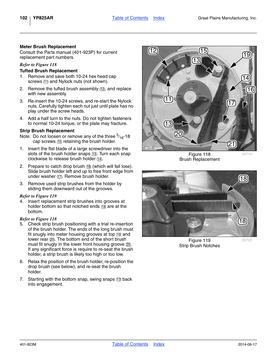 Meter brush replacement, Tufted brush replacement, Strip brush replacement | Great Plains YP825AR Operator Manual User Manual | Page 106 / 166