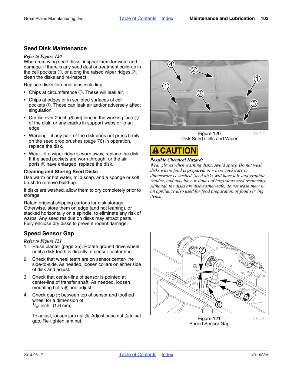 Seed disk maintenance, Cleaning and storing seed disks, Speed sensor gap | Great Plains YP825AR Operator Manual User Manual | Page 107 / 166