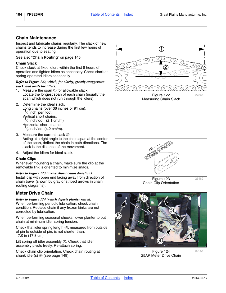 Chain maintenance, Chain slack, Chain clips | Meter drive chain, Chain slack chain clips | Great Plains YP825AR Operator Manual User Manual | Page 108 / 166