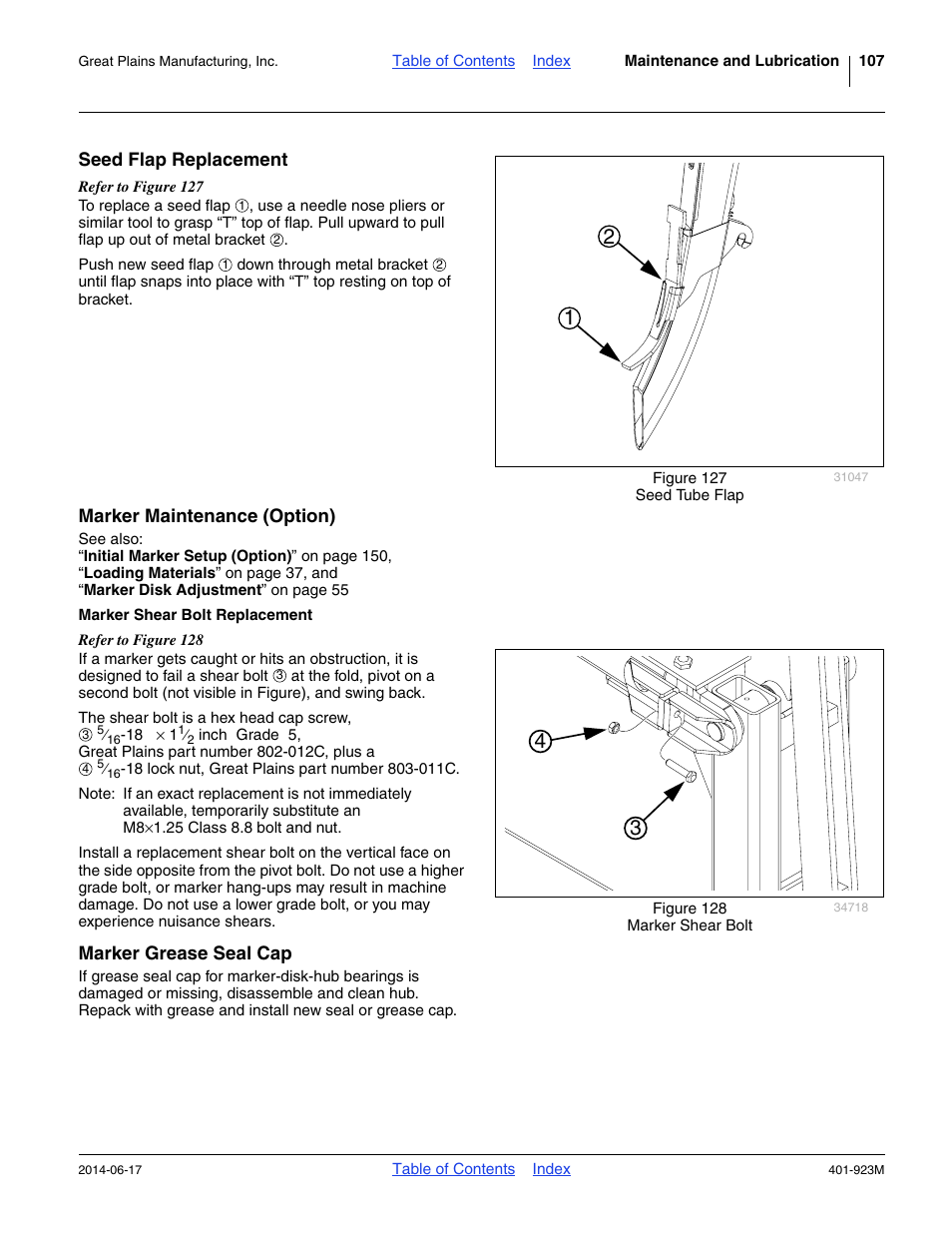 Seed flap replacement, Marker maintenance (option), Marker shear bolt replacement | Marker grease seal cap, Seed flap replacement marker maintenance (option) | Great Plains YP825AR Operator Manual User Manual | Page 111 / 166