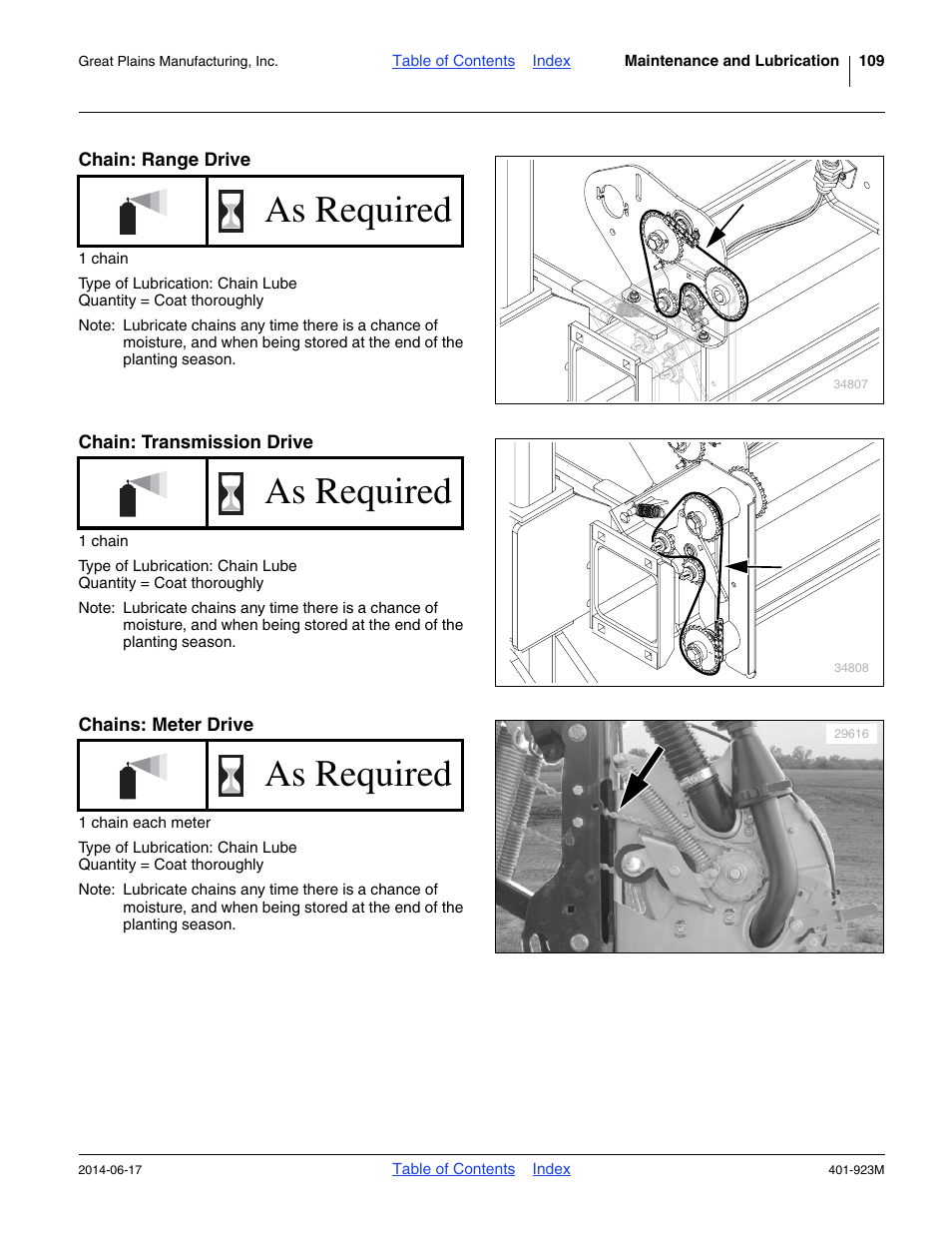 Chain: range drive, Chain: transmission drive, Chains: meter drive | As required | Great Plains YP825AR Operator Manual User Manual | Page 113 / 166