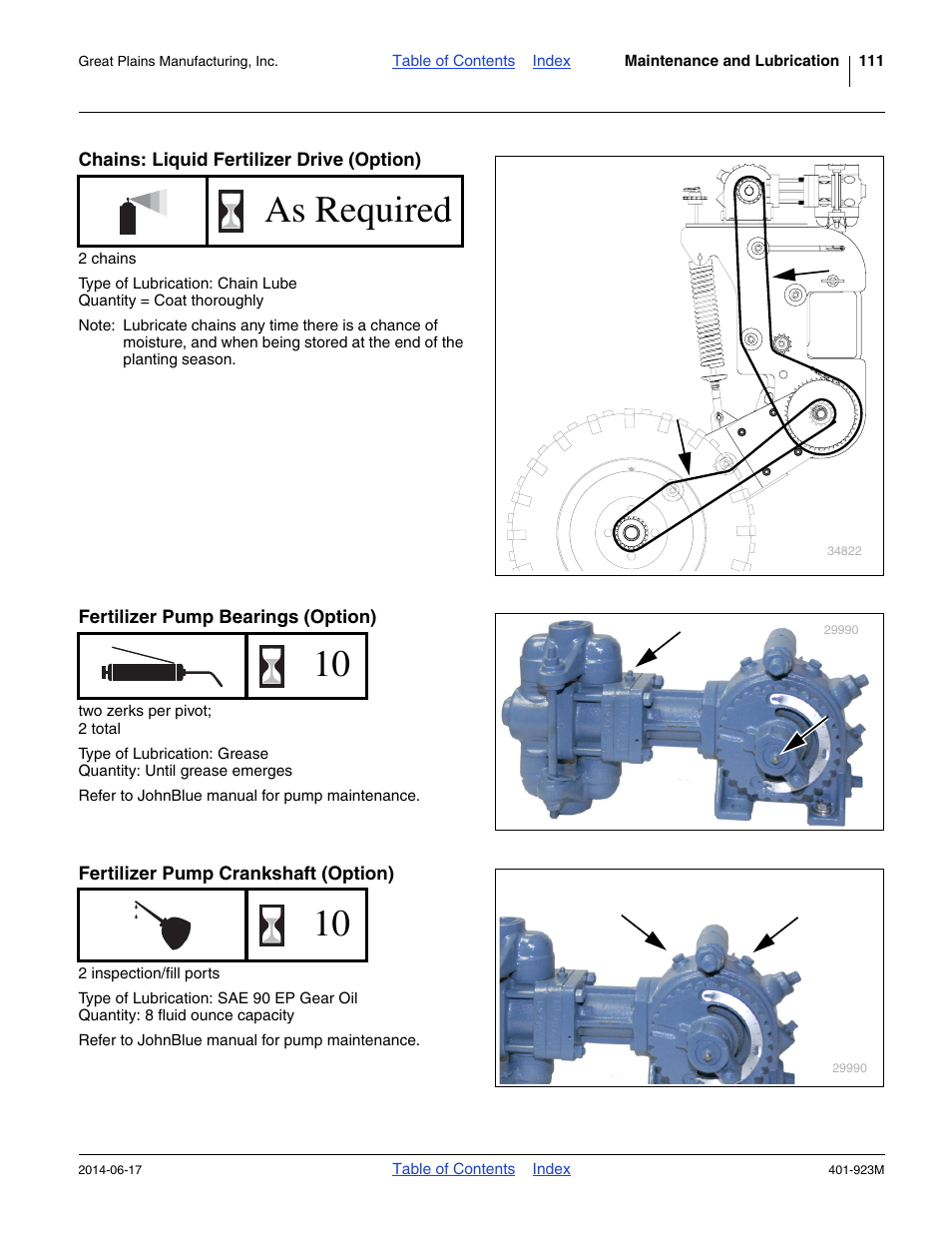 Chains: liquid fertilizer drive (option), Fertilizer pump bearings (option), Fertilizer pump crankshaft (option) | As required | Great Plains YP825AR Operator Manual User Manual | Page 115 / 166