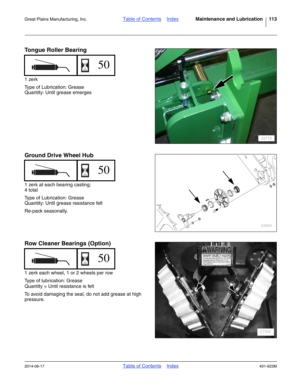 Tongue roller bearing, Ground drive wheel hub, Row cleaner bearings (option) | Great Plains YP825AR Operator Manual User Manual | Page 117 / 166