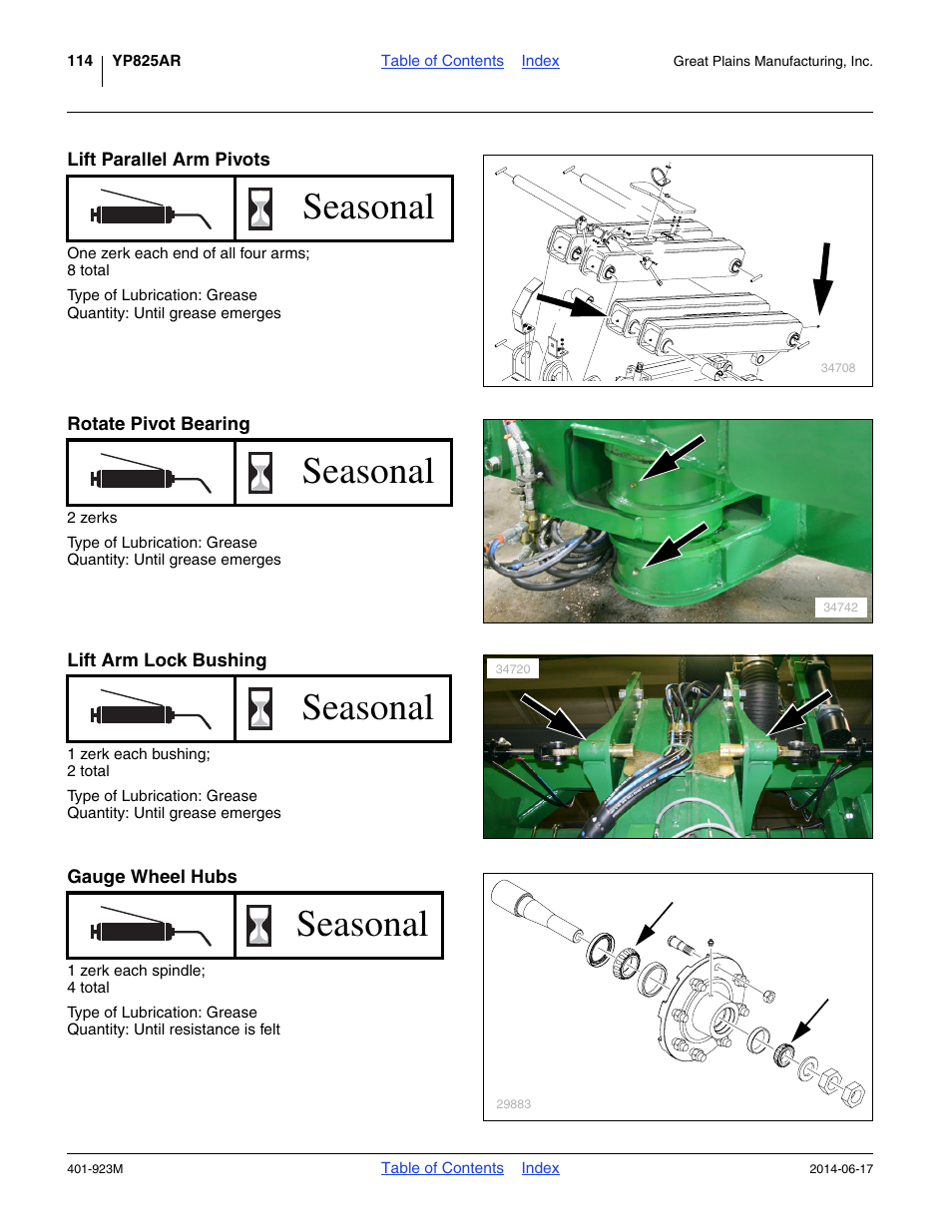 Lift parallel arm pivots, Rotate pivot bearing, Lift arm lock bushing | Gauge wheel hubs, Seasonal | Great Plains YP825AR Operator Manual User Manual | Page 118 / 166