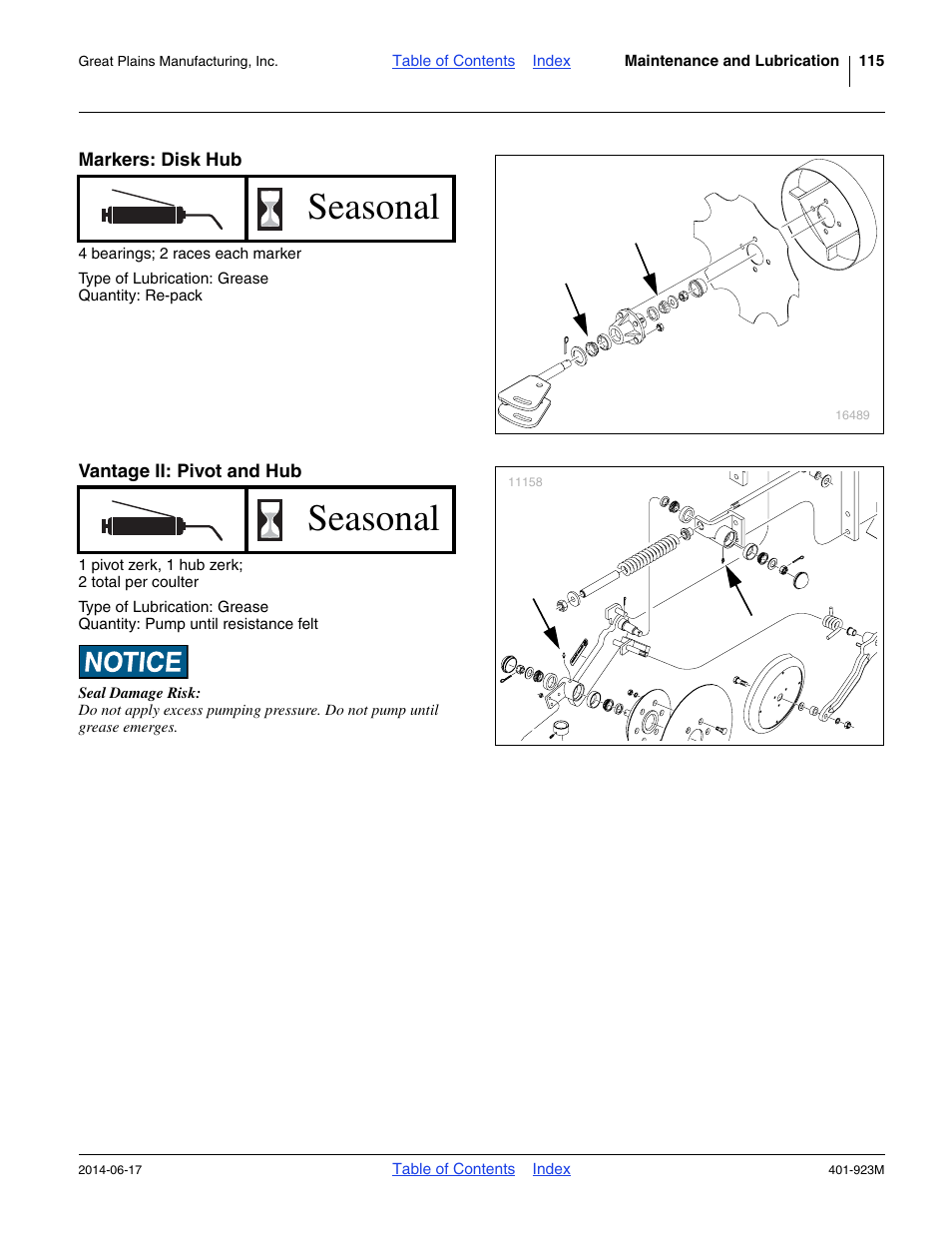 Markers: disk hub, Vantage ii: pivot and hub, Seasonal | Great Plains YP825AR Operator Manual User Manual | Page 119 / 166
