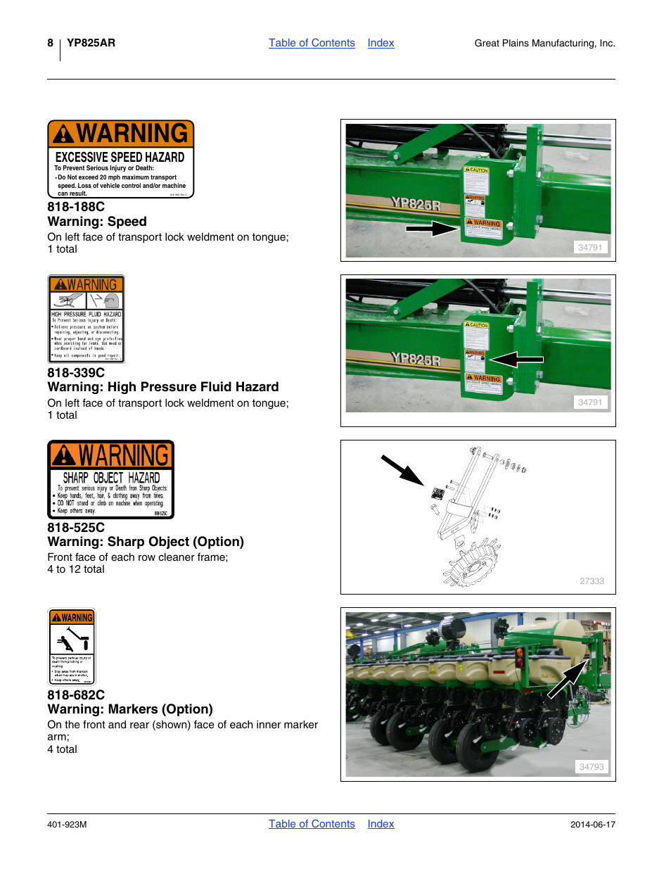 188c warning: speed, 339c warning: high pressure fluid hazard, 525c warning: sharp object (option) | 682c warning: markers (option), Warning, Excessive speed hazard | Great Plains YP825AR Operator Manual User Manual | Page 12 / 166