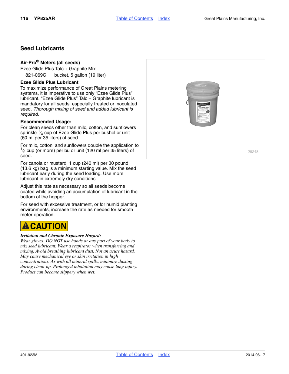 Seed lubricants, Air-pro® meters (all seeds), Ezee glide plus talc + graphite mix | Ezee glide plus lubricant | Great Plains YP825AR Operator Manual User Manual | Page 120 / 166