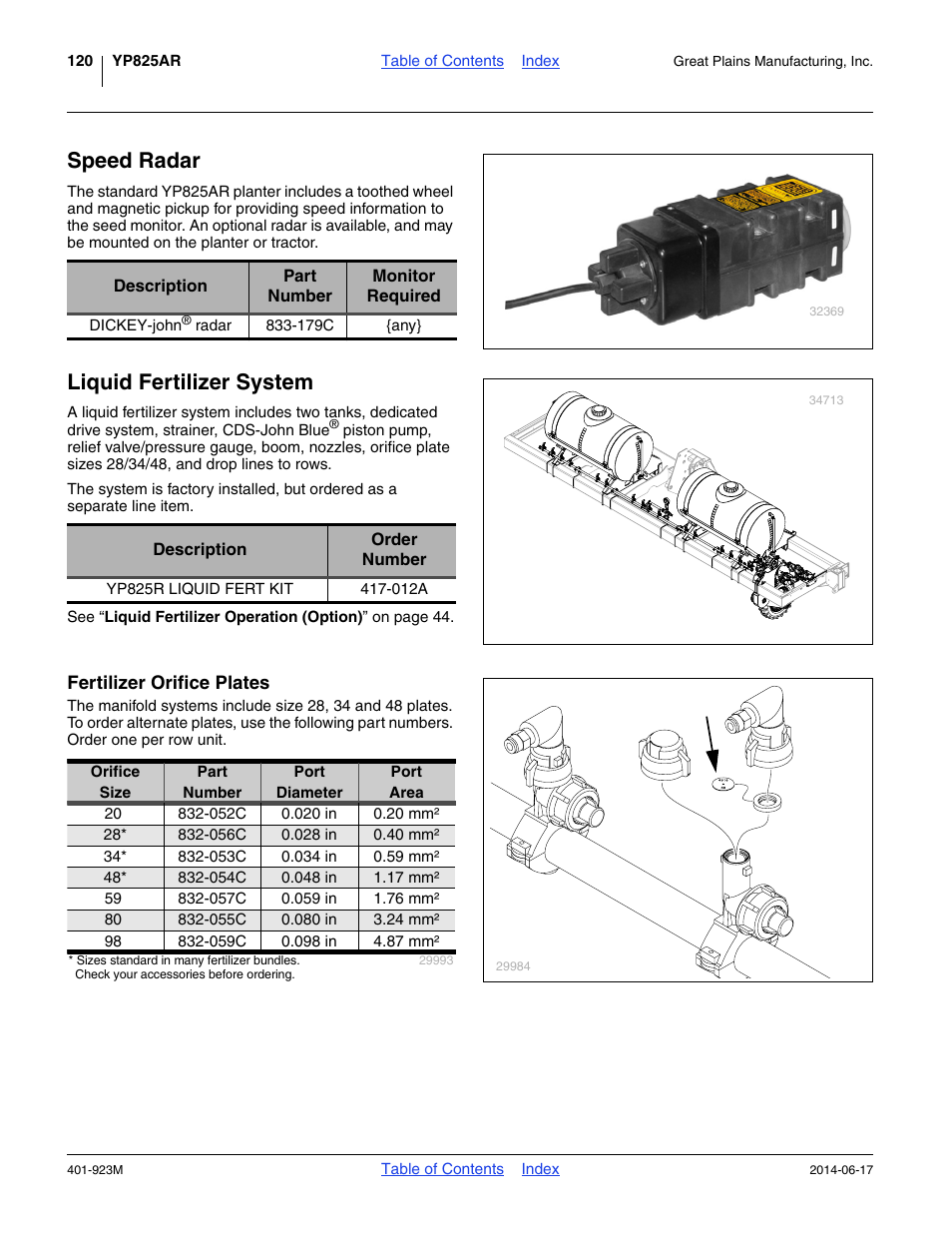 Speed radar, Liquid fertilizer system, Fertilizer orifice plates | Great Plains YP825AR Operator Manual User Manual | Page 124 / 166