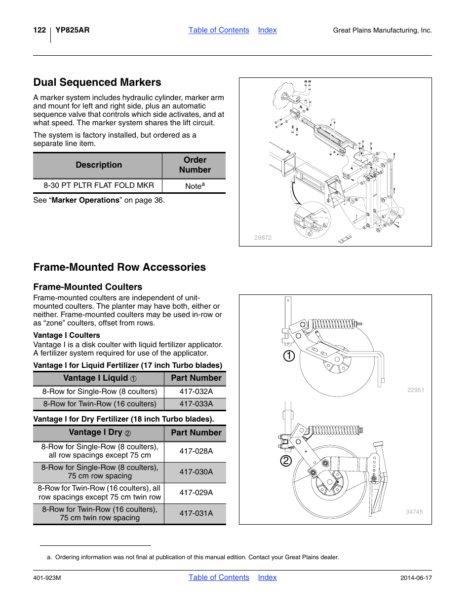 Dual sequenced markers, Frame-mounted row accessories, Frame-mounted coulters | Vantage i coulters | Great Plains YP825AR Operator Manual User Manual | Page 126 / 166