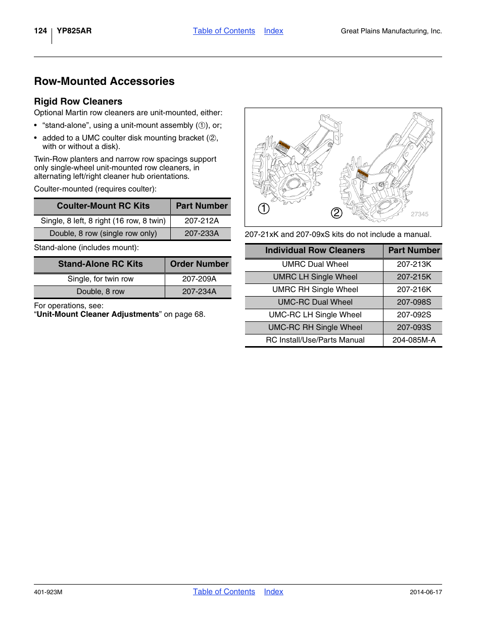 Row-mounted accessories, Rigid row cleaners | Great Plains YP825AR Operator Manual User Manual | Page 128 / 166