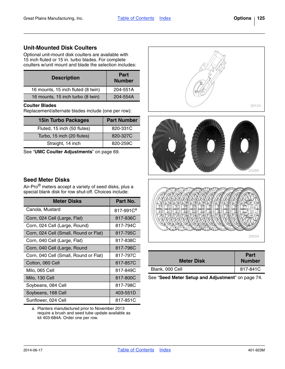 Unit-mounted disk coulters, Coulter blades, Seed meter disks | 841c) | Great Plains YP825AR Operator Manual User Manual | Page 129 / 166